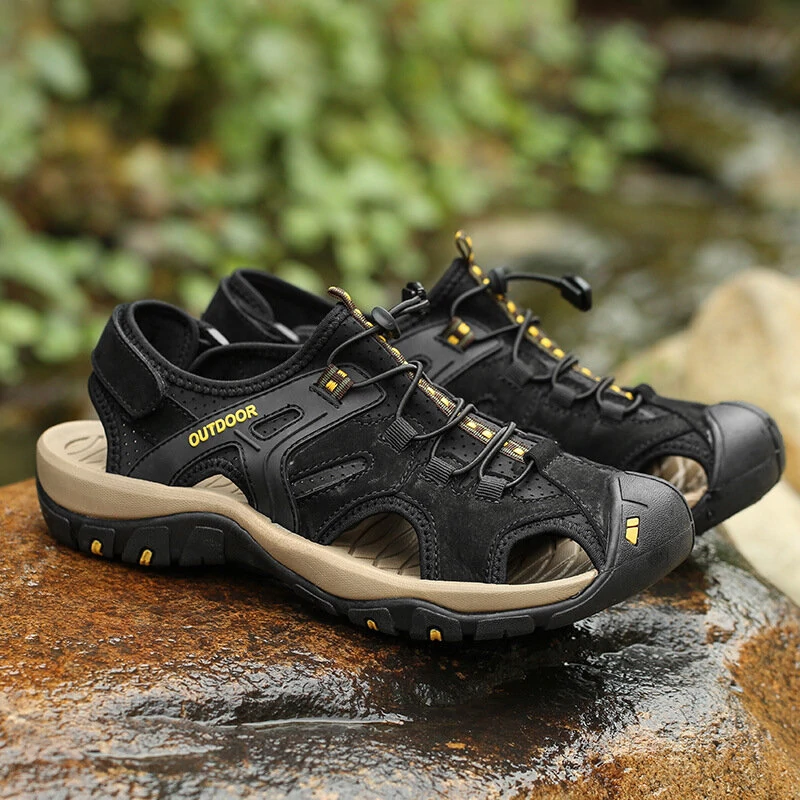 (image for) Men's Sandals Genuine Leather Summer Shoes Retro Outudoor Man Sandalias Vintage Fashion Men Shoe Trekking Beach Footwear