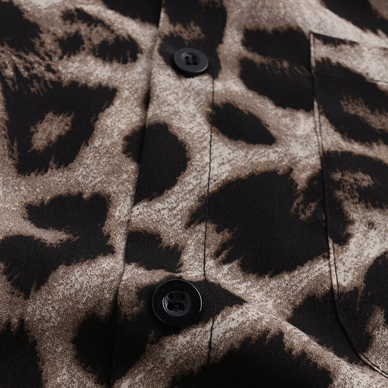 (image for) OUTDOOR Summer Leopard Print Shirts Fashion Men Short Sleeve Lapel Shirt Casual Floral Blouse Men Hawaiian Beach Tops