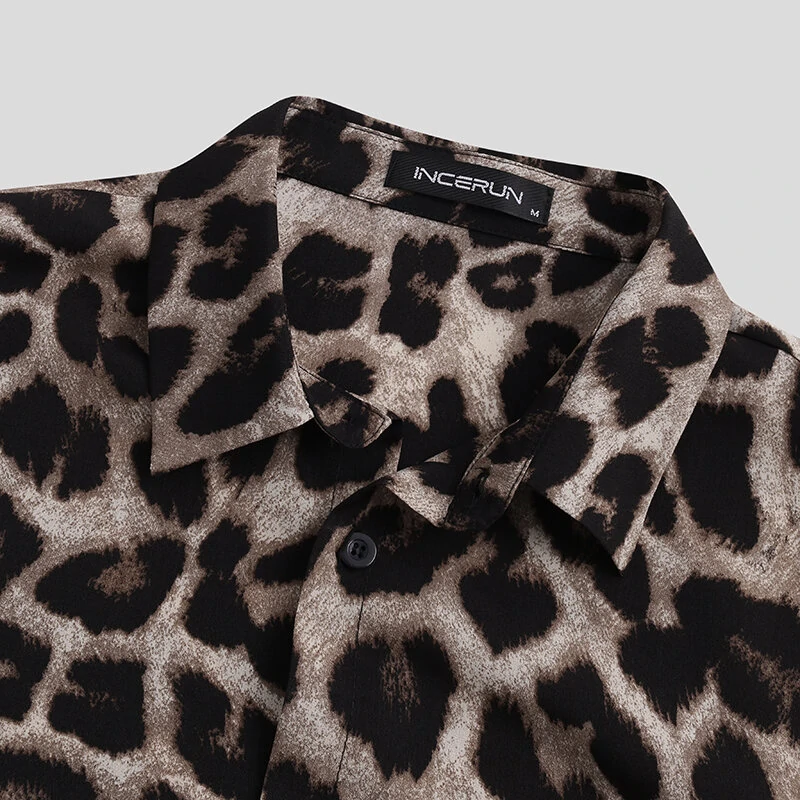 (image for) OUTDOOR Summer Leopard Print Shirts Fashion Men Short Sleeve Lapel Shirt Casual Floral Blouse Men Hawaiian Beach Tops